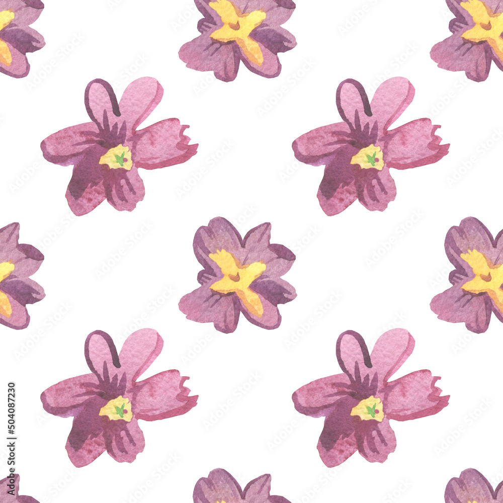Fototapeta premium Watercolor seamless pattern with pink and purple primrose.Festive,Botanical,Floral hand painted print.Designs for wrapping paper, packaging, cards,notepad covers,textiles,fabric,scrapbooking paper.