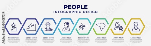 vector infographic design template with icons and 8 options or steps. infographic for people concept. included walking downstairs, downstairs, technician, woman with flower, fencing attack,