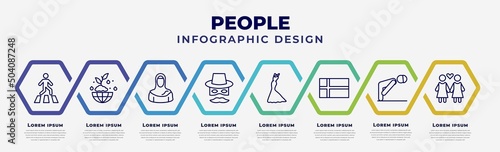 vector infographic design template with icons and 8 options or steps. infographic for people concept. included road crossing, ecosystem, arab woman, zorro, elegant, norwegian, sujud, lesbian couple.