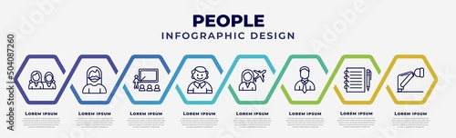 vector infographic design template with icons and 8 options or steps. infographic for people concept. included friends, bearded woman, classroom stats, small boy, foreign reporter, bussiness man,