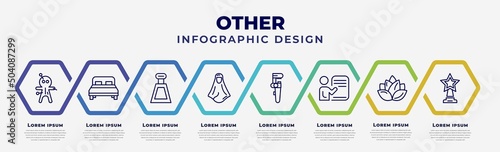 vector infographic design template with icons and 8 options or steps. infographic for other concept. included voodoo puppet, hotel bed, kilograms, araba woman, pipe wrench, demostration, loto, star