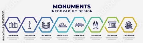 vector infographic design template with icons and 8 options or steps. infographic for monuments concept. included luxor temple, oriental peral tower, blue mosque, hu picchu, , pompeii, summer