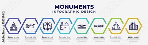 vector infographic design template with icons and 8 options or steps. infographic for monuments concept. included united states capitol, stari most, kaaba building, blue domed churches, alcala gate,