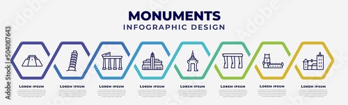 vector infographic design template with icons and 8 options or steps. infographic for monuments concept. included pyramid of the magician, tower of pisa, temple of apollo, hassan mosque, cambodia,