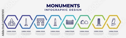 vector infographic design template with icons and 8 options or steps. infographic for monuments concept. included , national mall, arc of triomphe, obelisk of bue aires, palais garnier, al shaheed