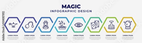 vector infographic design template with icons and 8 options or steps. infographic for magic concept. included magic lamp, fetters, magic assistant, pigeon, hypis, playing cards, acrobatic, crystal