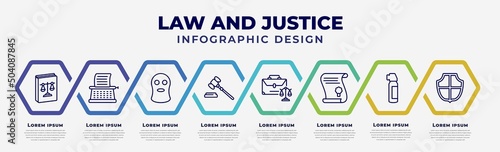 vector infographic design template with icons and 8 options or steps. infographic for law and justice concept. included labour and social law, stenographer, balaclava, gavel, employment law, scroll