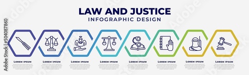 vector infographic design template with icons and 8 options or steps. infographic for law and justice concept. included butterfly knife, business law, innocent, justice scale, criminal law, and
