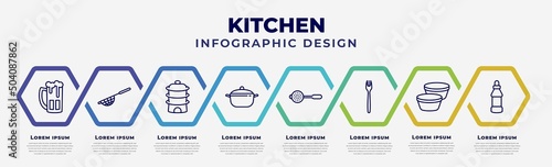 vector infographic design template with icons and 8 options or steps. infographic for kitchen concept. included beer, strainer, steamer, saucepan, sugar sifter, fork, custard cup, sauce.