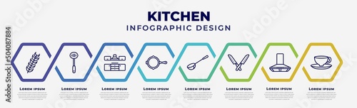vector infographic design template with icons and 8 options or steps. infographic for kitchen concept. included wheat, skimmer, kitchen, skillet, ladle, knives, extractor hood, saucer.