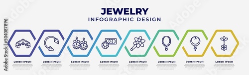vector infographic design template with icons and 8 options or steps. infographic for jewelry concept. included tiara, piercing, earring, pawn shop, brooch, pearl necklace, anj, belly piercing.