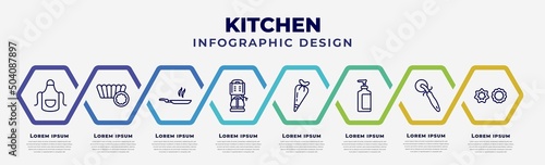 vector infographic design template with icons and 8 options or steps. infographic for kitchen concept. included apron, mould, pan, coffee maker, pastry bag, liquid soap, pizza cutter, cookie cutter.