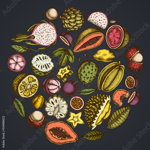 Round floral design on dark background with papaya, guava, passion fruit, starfruit, durian, rambutan, pitaya, jackfruit, sugar-apple, soursop, mangosteen