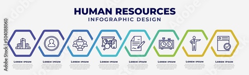 vector infographic design template with icons and 8 options or steps. infographic for human resources concept. included company, profiles, work team, balanced scorecard, contract, chess clock, boss,