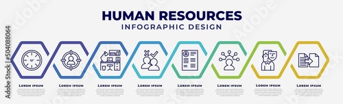 vector infographic design template with icons and 8 options or steps. infographic for human resources concept. included 12 hours, target audience, office, selection process, curriculum vitae,