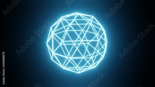 Abstract 3d render of a rotating looped neon icosphere wireframe. Glowing icosphere rotates and the video loops. VJ video. Hologram of the icosphere on a black background. Video for holographic screen photo