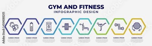 vector infographic design template with icons and 8 options or steps. infographic for gym and fitness concept. included , hydratation, energy snack, gymnastic roller, simulator for press,