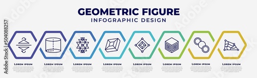 vector infographic design template with icons and 8 options or steps. infographic for geometric figure concept. included reflection, cylinder, sri yantra, rhombus, synergy, side to side of a cube,