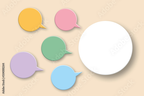 Blank colourful communication bubbles with shadow overlay on pastel background. illustration design template for note, notice, information, advert. illustration of 3d paper cut design style.