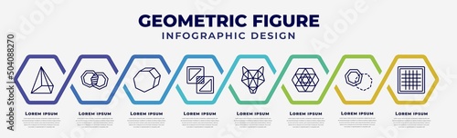 vector infographic design template with icons and 8 options or steps. infographic for geometric figure concept. included prism, intersection, perspective, exclude, polygonal wolf head, triangle