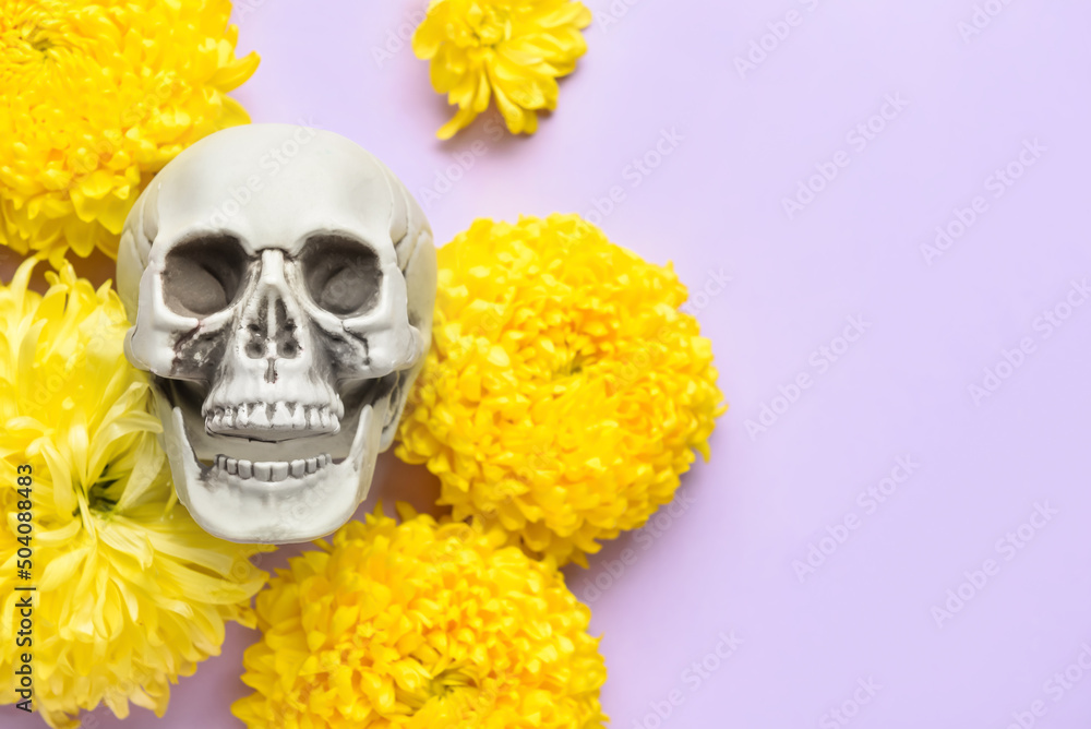 Human skull with flowers on purple background Human skull with flowers on purple background