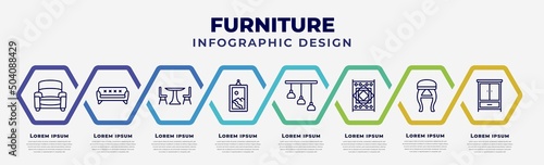 vector infographic design template with icons and 8 options or steps. infographic for furniture concept. included armchair, sofa, table with chair, frame, chandelier, carpet, stool, clo.