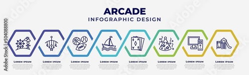 vector infographic design template with icons and 8 options or steps. infographic for arcade concept. included amusement park, childhood, sports ball, sailing boat, ace of diamonds, party hat, pc,