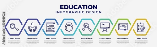 vector infographic design template with icons and 8 options or steps. infographic for education concept. included magnifying glass, proud, papyrus, eugene onegin, sherlock holmes, chalkboard, merit,