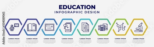vector infographic design template with icons and 8 options or steps. infographic for education concept. included teacher giving lecture, book with bookmark, math class, fraternity, folded written