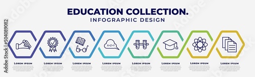 vector infographic design template with icons and 8 options or steps. infographic for education collection. concept. included write by hand, diploma with seal, book and glasses, equation,