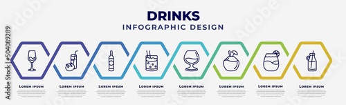 vector infographic design template with icons and 8 options or steps. infographic for drinks concept. included glass with wine, tomato juice, vodka, mind eraser drink, armagnac, coconut drink, pisco