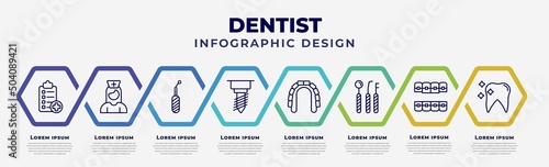 vector infographic design template with icons and 8 options or steps. infographic for dentist concept. included medical list, male nurse, scraping, implant fixture, maxilla, dentist tools, lingual