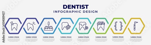 vector infographic design template with icons and 8 options or steps. infographic for dentist concept. included dental filling, cavity, interproximal, prophylaxis, molar crown, holed tooth,