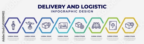 vector infographic design template with icons and 8 options or steps. infographic for delivery and logistic concept. included delivery man, delivery by plane, safety, waybill, tings, pallet,