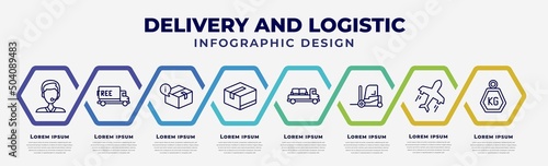 vector infographic design template with icons and 8 options or steps. infographic for delivery and logistic concept. included support, free delivery, delivery info, packages, moving, forklift,