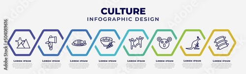 vector infographic design template with icons and 8 options or steps. infographic for culture concept. included rio de janeiro, native american axes, cantonese fish, ajoblanco, capoeira brazil