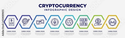 vector infographic design template with icons and 8 options or steps. infographic for cryptocurrency concept. included invoice, economy, peso, , nem, crypto records, donation,