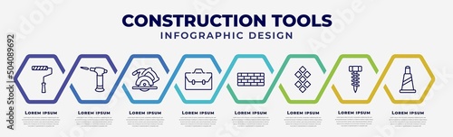 vector infographic design template with icons and 8 options or steps. infographic for construction tools concept. included painter roller, blowtorch, circular saw, businessman portfolio, brick, photo