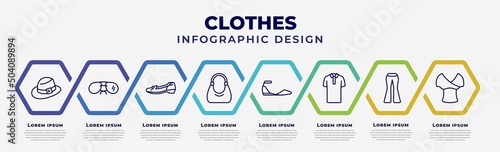 vector infographic design template with icons and 8 options or steps. infographic for clothes concept. included men hat, pilot sunglasses, leather shoes, hobo bag, flat shoes, cotton polo shirt,