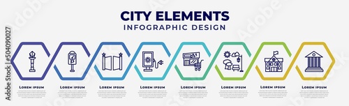 vector infographic design template with icons and 8 options or steps. infographic for city elements concept. included street lamp, parking meter, gate, lightbox, supermarket, park, city hall,