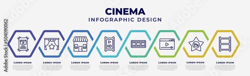 vector infographic design template with icons and 8 options or steps. infographic for cinema concept. included film poster, premiere, ticket office, hd movie, film, online movie, film star,