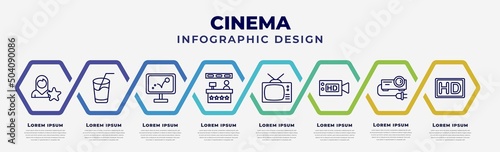 vector infographic design template with icons and 8 options or steps. infographic for cinema concept. included cinema celebrity, drink with straw, animation, cinema snack bar, television with