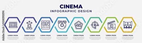 vector infographic design template with icons and 8 options or steps. infographic for cinema concept. included buy tickets online, actress, , hd dvd, 4k, movie countdown, plus 18 movie, movie