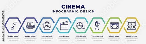 vector infographic design template with icons and 8 options or steps. infographic for cinema concept. included author, home theater, parental guidance, cinema clapperboard, big film roll, old