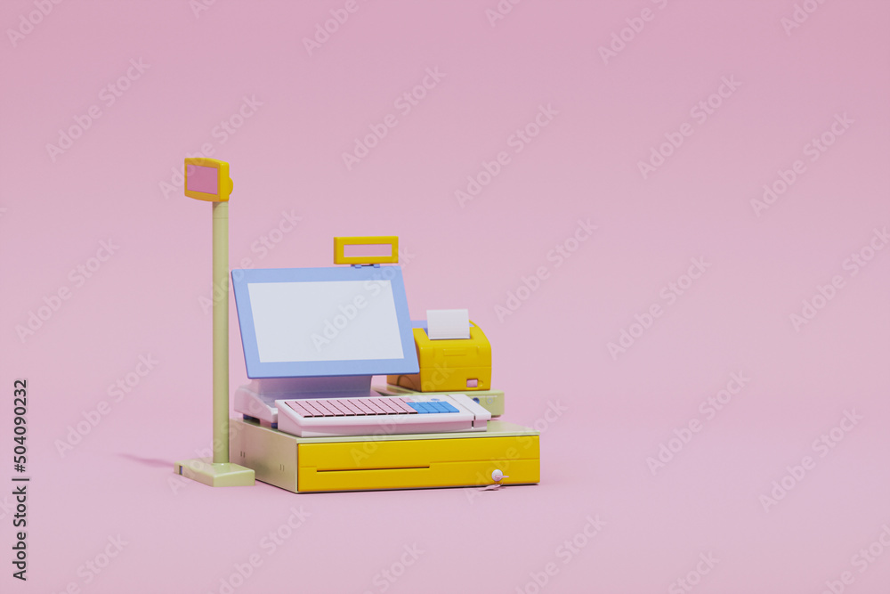 Cash register machine, cashier in pastel pink and yellow color background, 3d rendering, supermarket, store - obrazy, fototapety, plakaty 