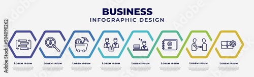 vector infographic design template with icons and 8 options or steps. infographic for business concept. included rearrange, money searcher, proof of work, men couple, sleepy worker at work, email