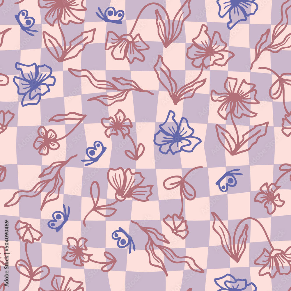Pychedelic eamless pattern with flowers and butterflies on grid distorted background. Groovy  summer print for fabric, paper, T-shirt. Floral doodle vector illustration for decor and design.