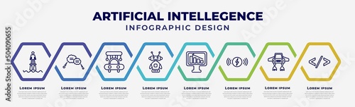 vector infographic design template with icons and 8 options or steps. infographic for artificial intellegence concept. included flyboard, speech bubble, high speed tube, robots, business, wireless