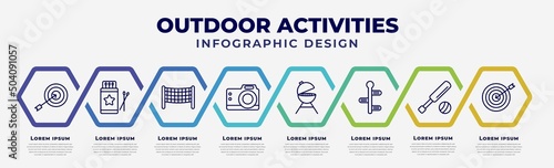 vector infographic design template with icons and 8 options or steps. infographic for outdoor activities concept. included dart, matchbox, volleyball net, photography, barbacue, , cricket,
