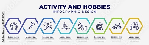 vector infographic design template with icons and 8 options or steps. infographic for activity and hobbies concept. included meeting with a friend, flying a kite, vitamin, walking, parkour, yarn